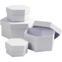 Hexagonal Boxes, H: 4+5+6+7 cm, D 6,5+8+10+12 cm, white, 4 pc/ 1 set