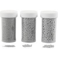 Mini Glass beads, size 0,6-0,8+1,5-2+3 mm, silver, 3x45 g/ 1 pack