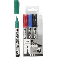 Glass & Porcelain Marker, line 1-2 mm, semi opaque, black, blue, green, red, 4 pc/ 1 pack