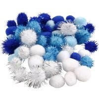 Pompoms, D 15+20 mm, light blue, dark blue, white, 48 asstd./ 1 pack