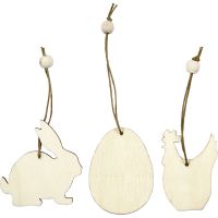 Wooden Ornament, rabbit, egg, hen, size 6 cm, thickness 3 mm, 9 pc/ 1 pack