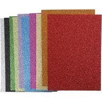 EVA Foam Sheets, A4, 210x297 mm, thickness 2 mm, glitter, assorted colours, 10 ass sheets/ 1 pack