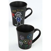 Drawings made with Glass and Porcelain Markers on Black Mugs