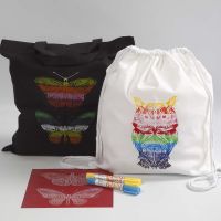 A Shopping Bag and a Drawstring Bag decorated with Screen Stencils and Wax Paint Sticks