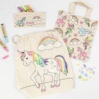 A Unicorn Pencil Case, Shopping Bag and Drawstring Bag decorated with Textile Markers, Glitter and Sequins