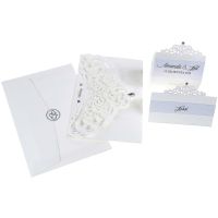 An Invitation, Place Card and  Table Decorations with a  pearlescent Effect and Filligree