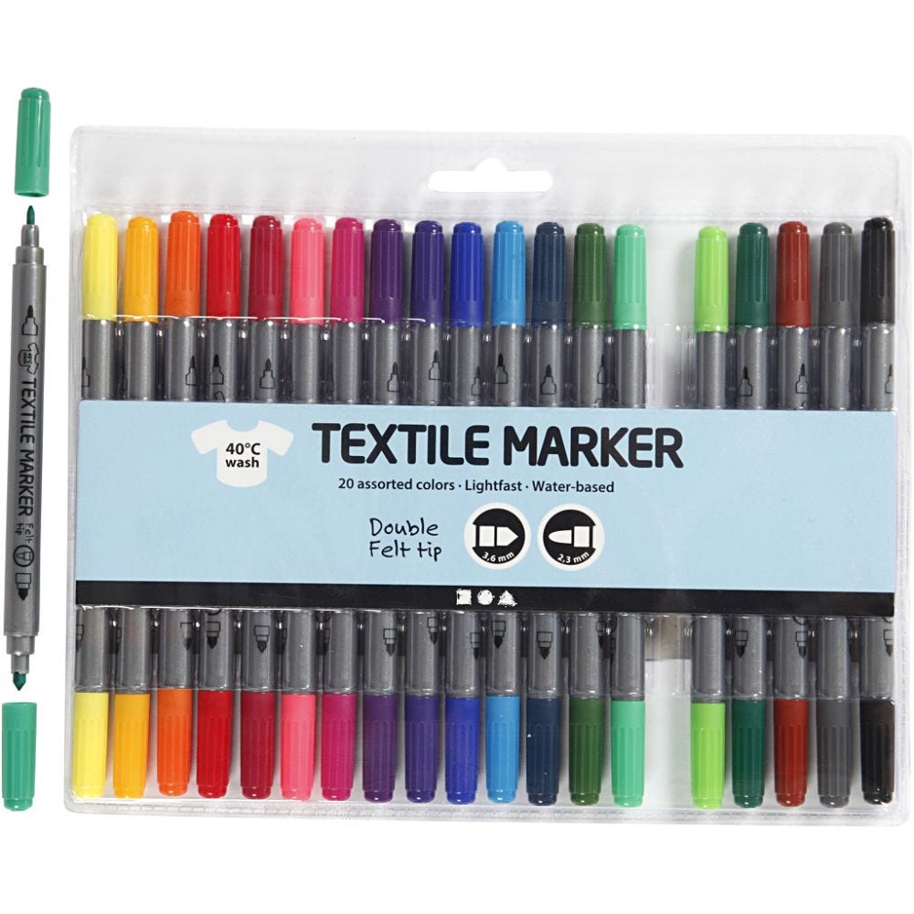 Textile markers, line 2,3+3,6 mm, standard colours, 20 pc/ 1 pack